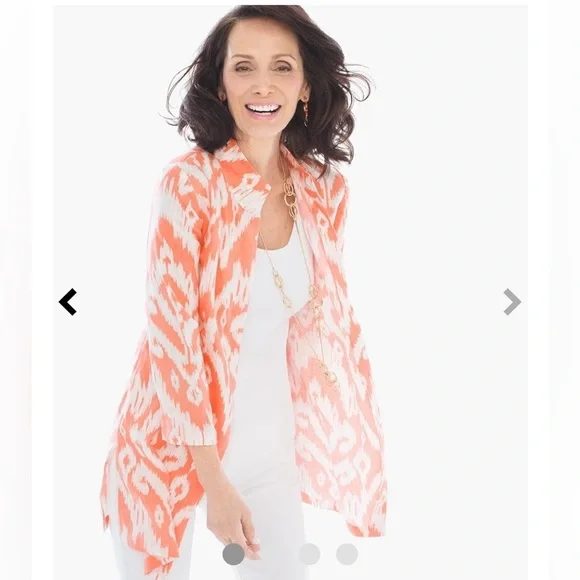 Chico’s Ikat Linen Jacket Open Front Cardigan in Sunrise Orange Size - Picture 3 of 9